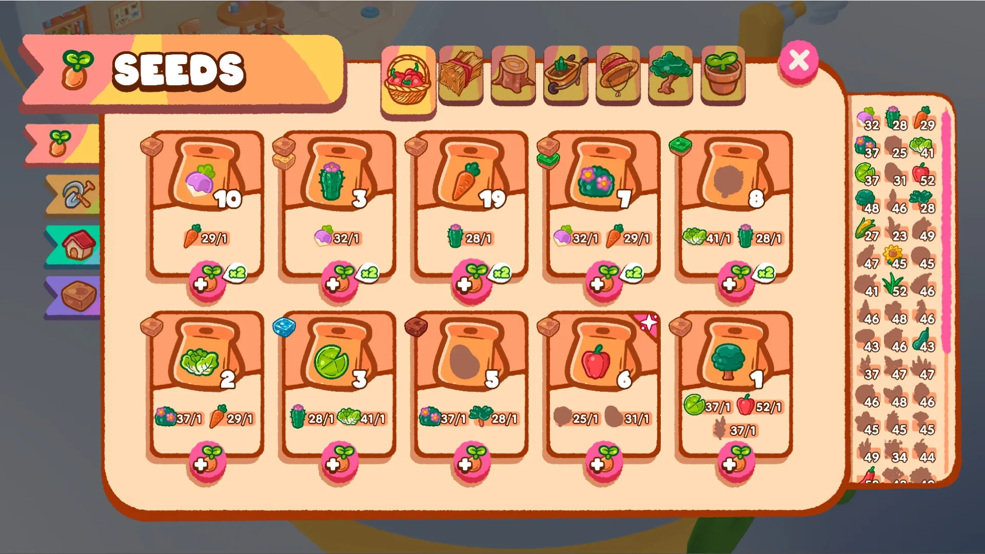 Tiny Garden: Seed inventory screen showing various plant icons and quantities in a cozy interface