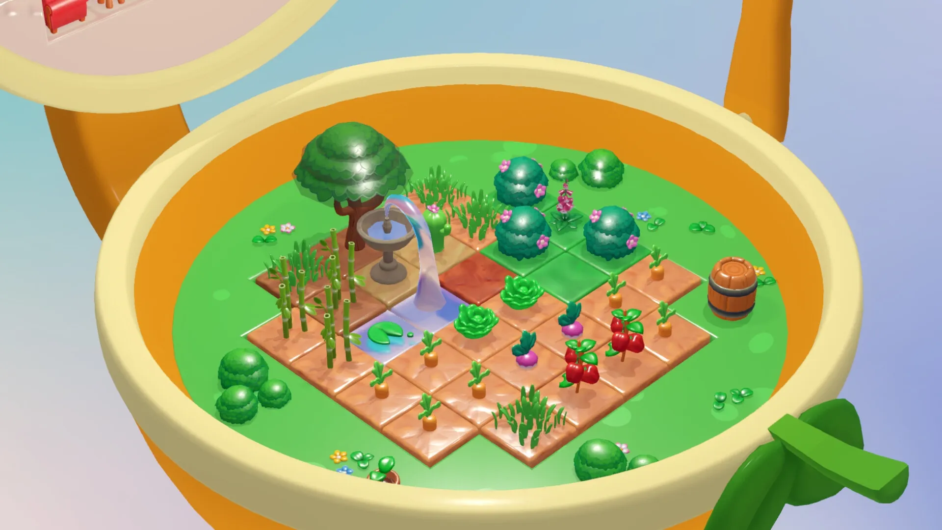 Tiny Garden: Lush garden with fruit, vegetables, and a fountain inside a circular, toy-like planter