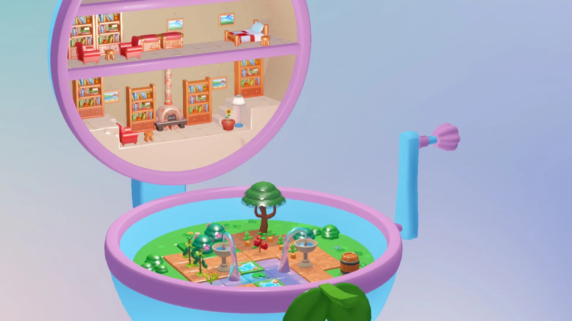 Tiny Garden: Miniature garden with fountains and trees inside a magical toy with cozy rooms above