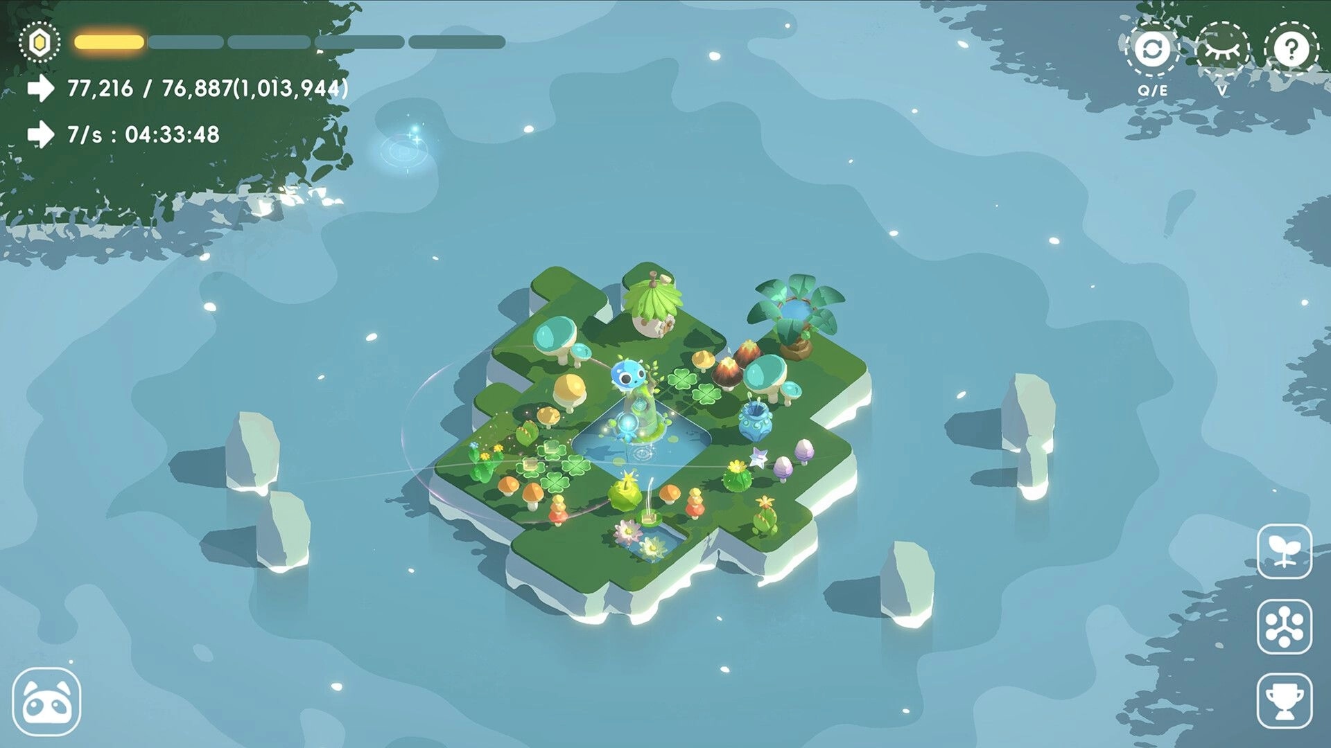 Tiny Isle: Small floating island with diverse plants, a magical fairy, and a tranquil water pond
