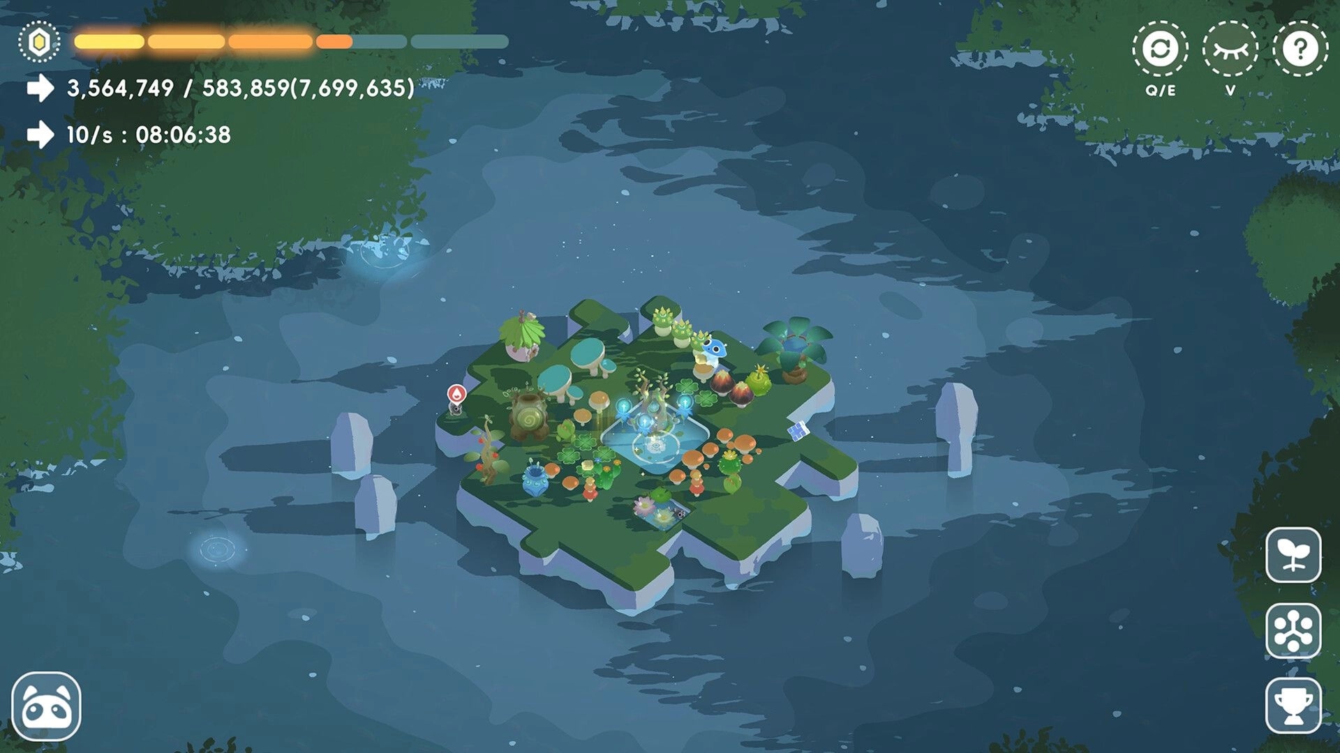 Tiny Isle: Small island with plants, fairies, and UI showing resources in a tranquil water setting