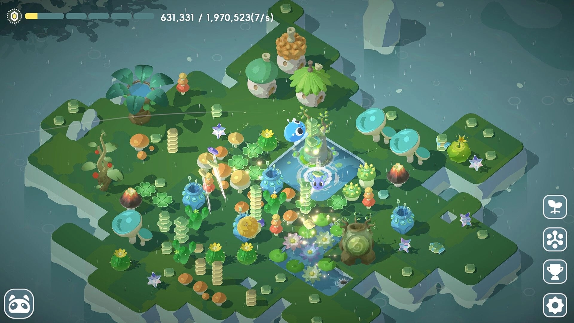 Tiny Isle: Vibrant island with magical plants, fairies, and a serene pond under gentle rain.