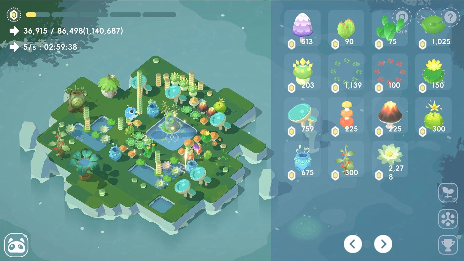 Tiny Isle: Overhead view of island with crops and crystals, inventory menu on the right side.