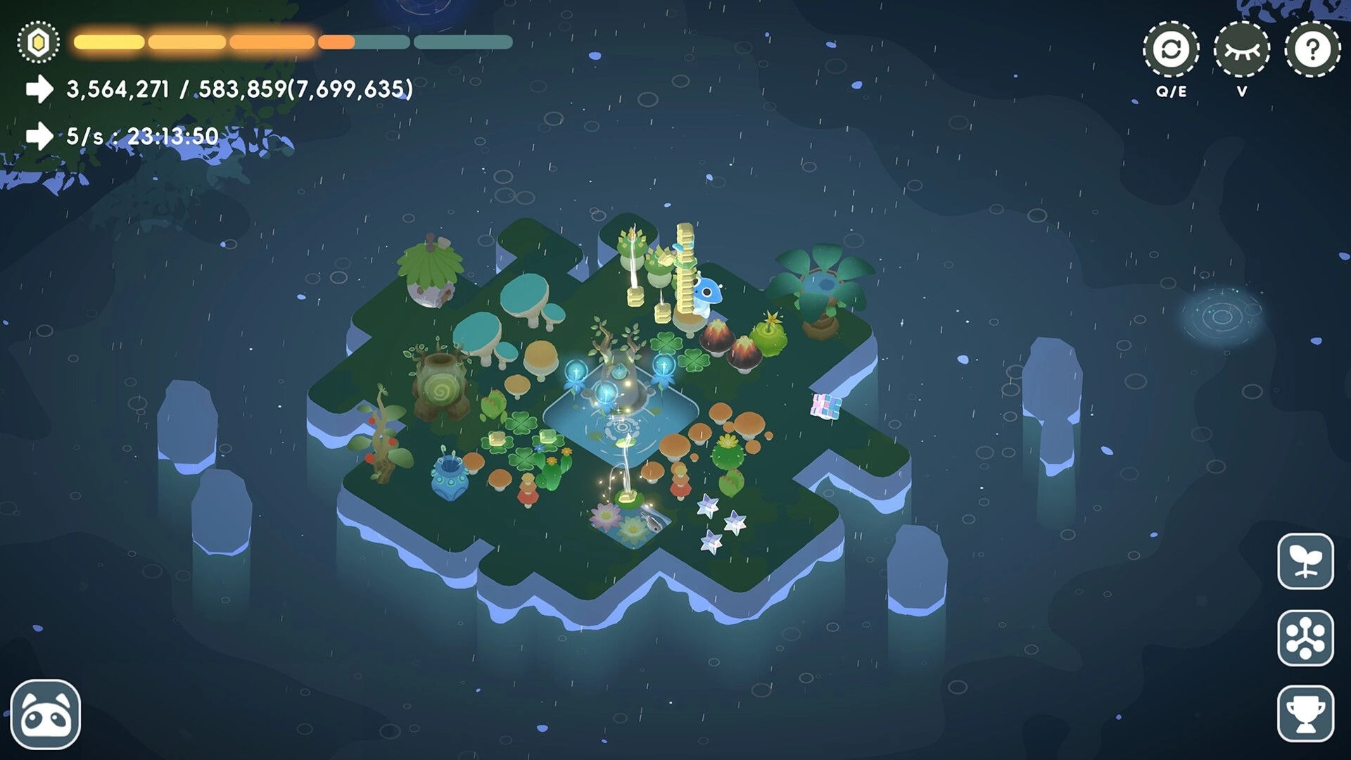 Tiny Isle: Nighttime island with glowing plants, magical fairies, and resource stats in top corner