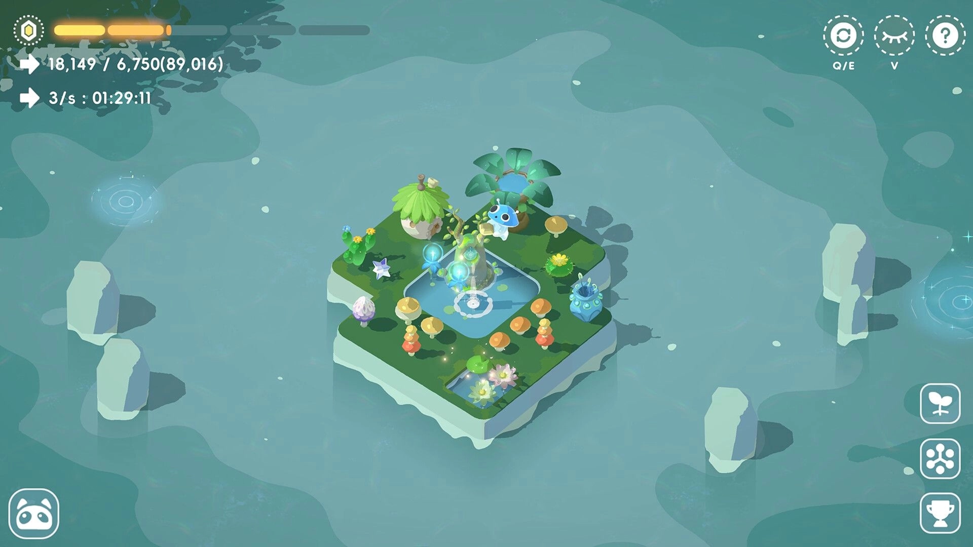 Tiny Isle: Small island with plants, a pond, and a blue creature; UI shows resources and time on screen.
