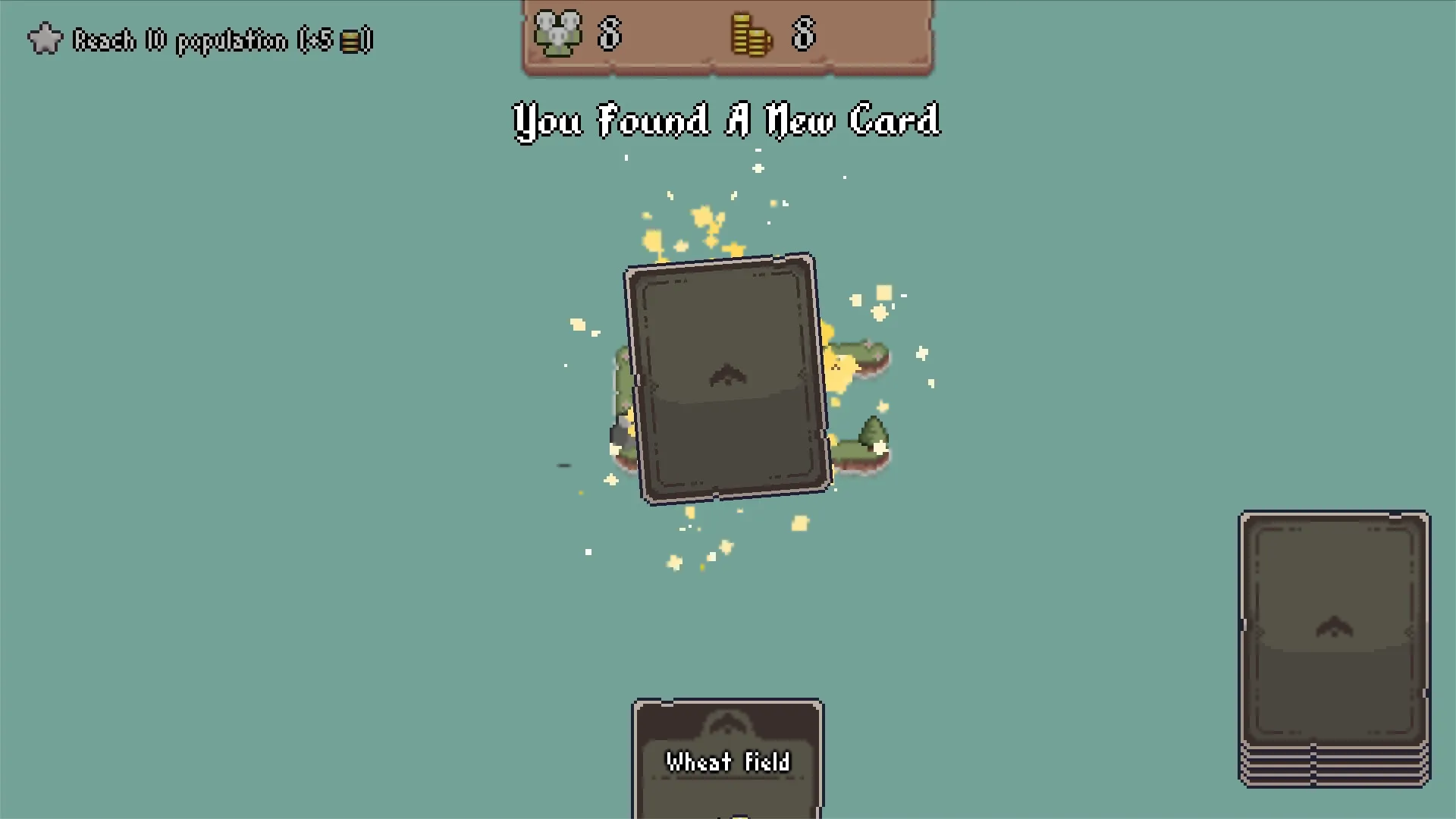 Tiny Kingdom: New card discovery with "Wheat Field" card in the center of a minimalist interface.