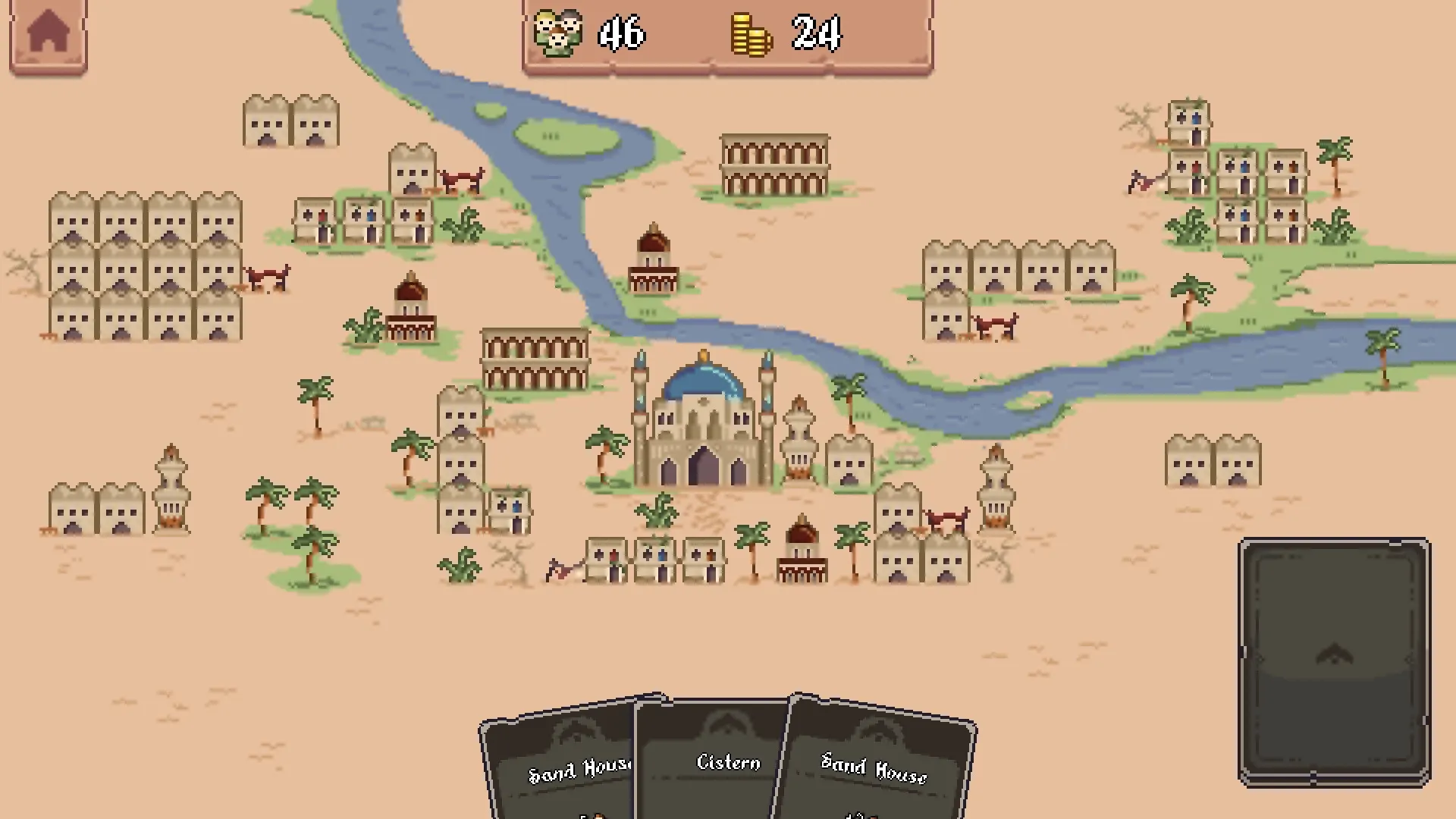 Tiny Kingdom: Overhead village view with river and card deck interface at bottom of the desert map