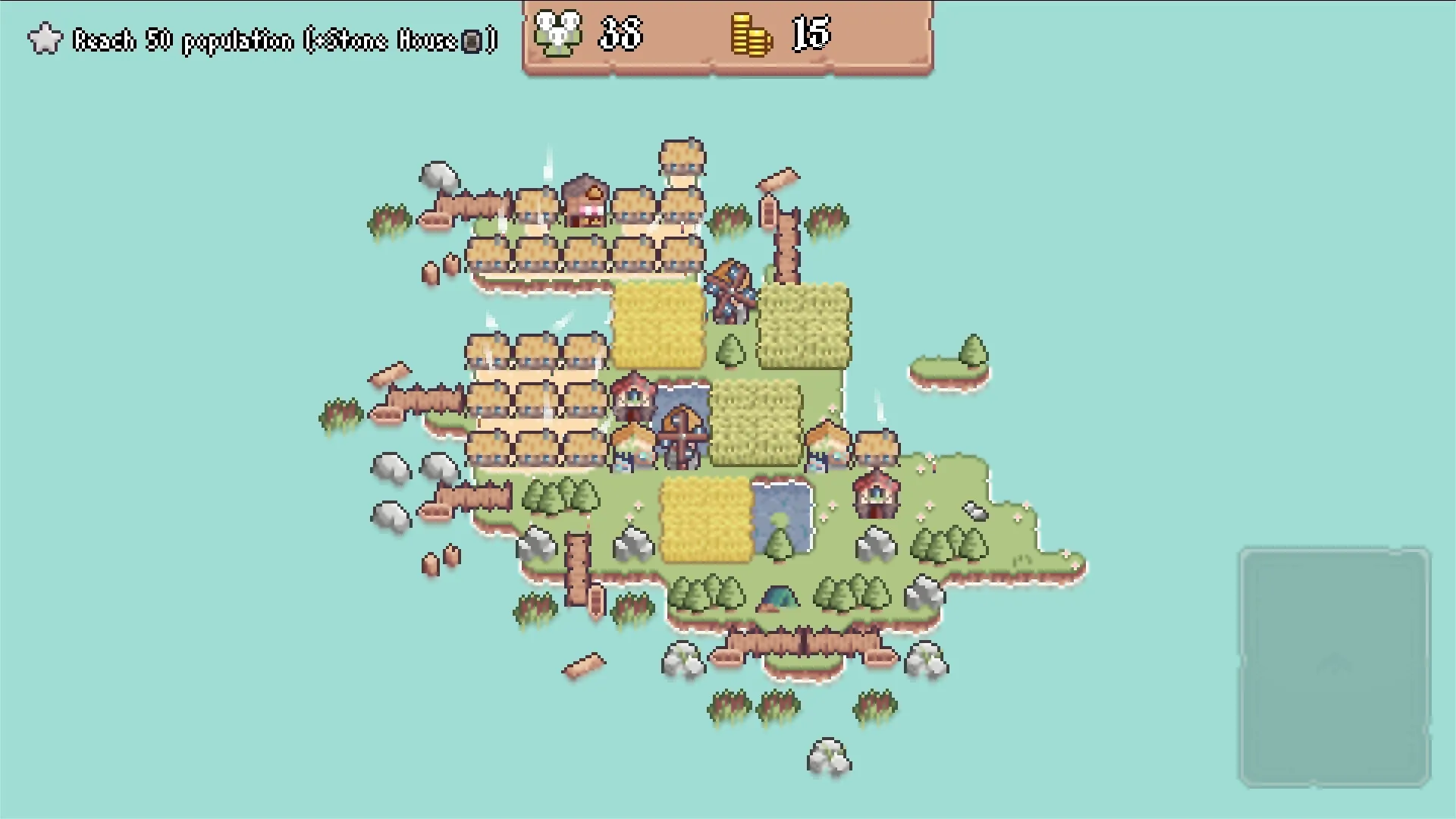 Tiny Kingdom: Overhead view of a developing village with houses, fields, and resource icons visible.
