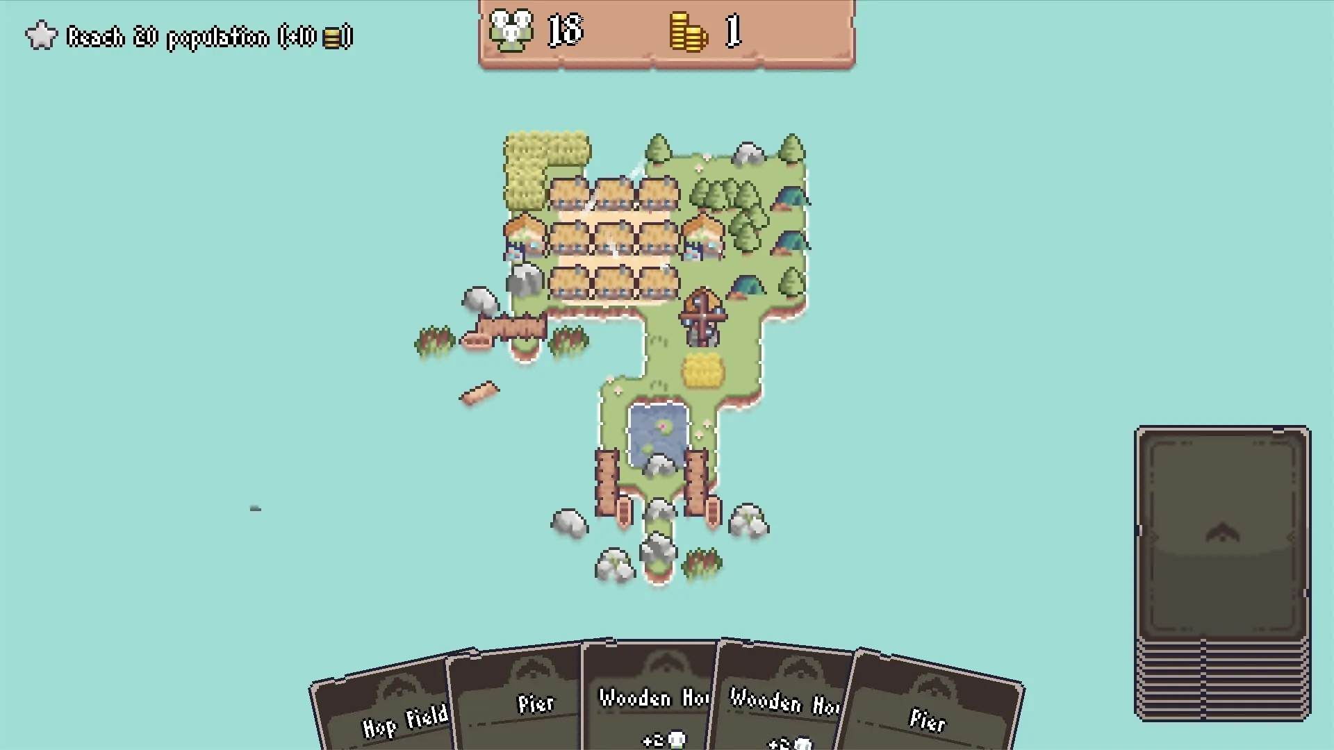 Tiny Kingdom: Village overview with houses, trees, and a pond; card deck visible at bottom of screen