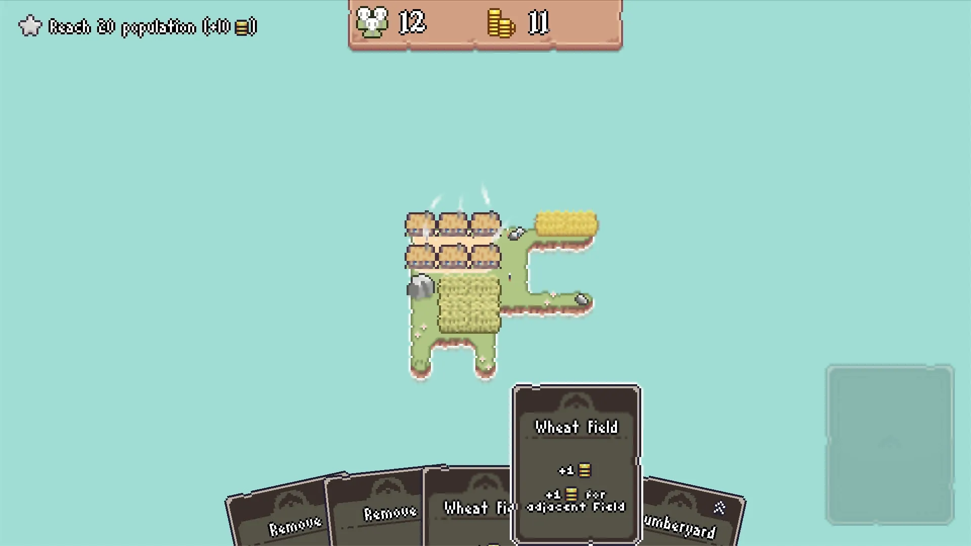 Tiny Kingdom: Overhead view of village with wheat fields and cards displayed at bottom of screen