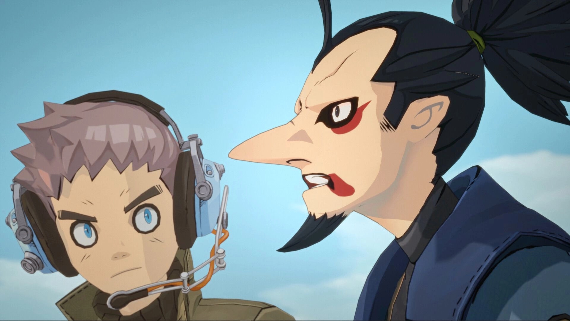 TINY METAL 2: Commander scolds headset-wearing soldier in close-up cutscene against blue sky.