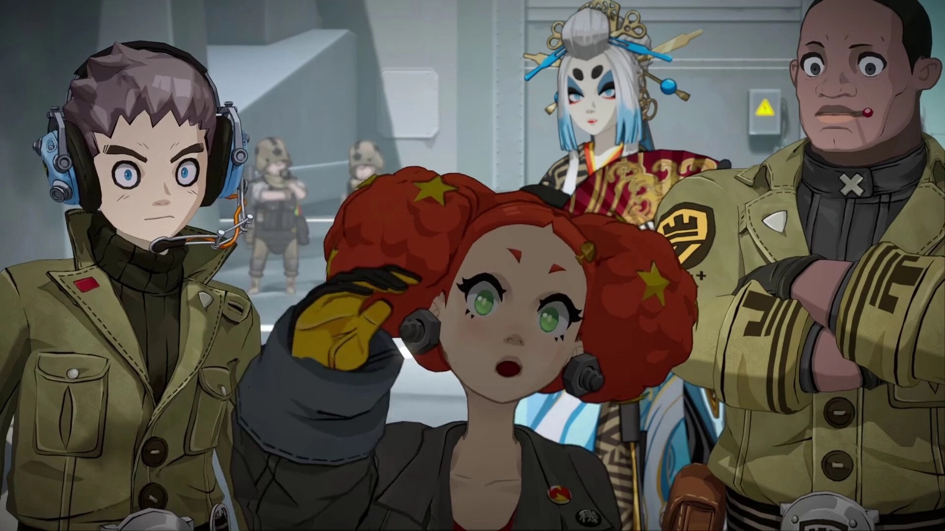 TINY METAL 2: Close-up cutscene with four commanders saluting inside a gray military base corridor.