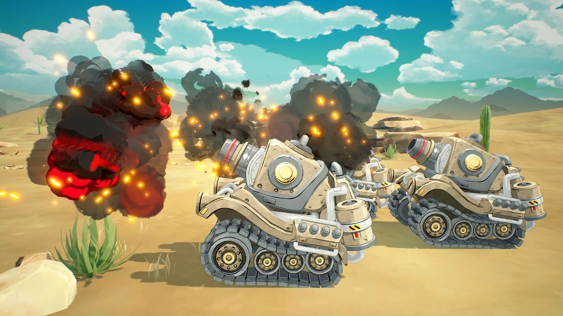 TINY METAL 2: Armored tanks fire as explosions bloom across a sandy desert battlefield under clouds.