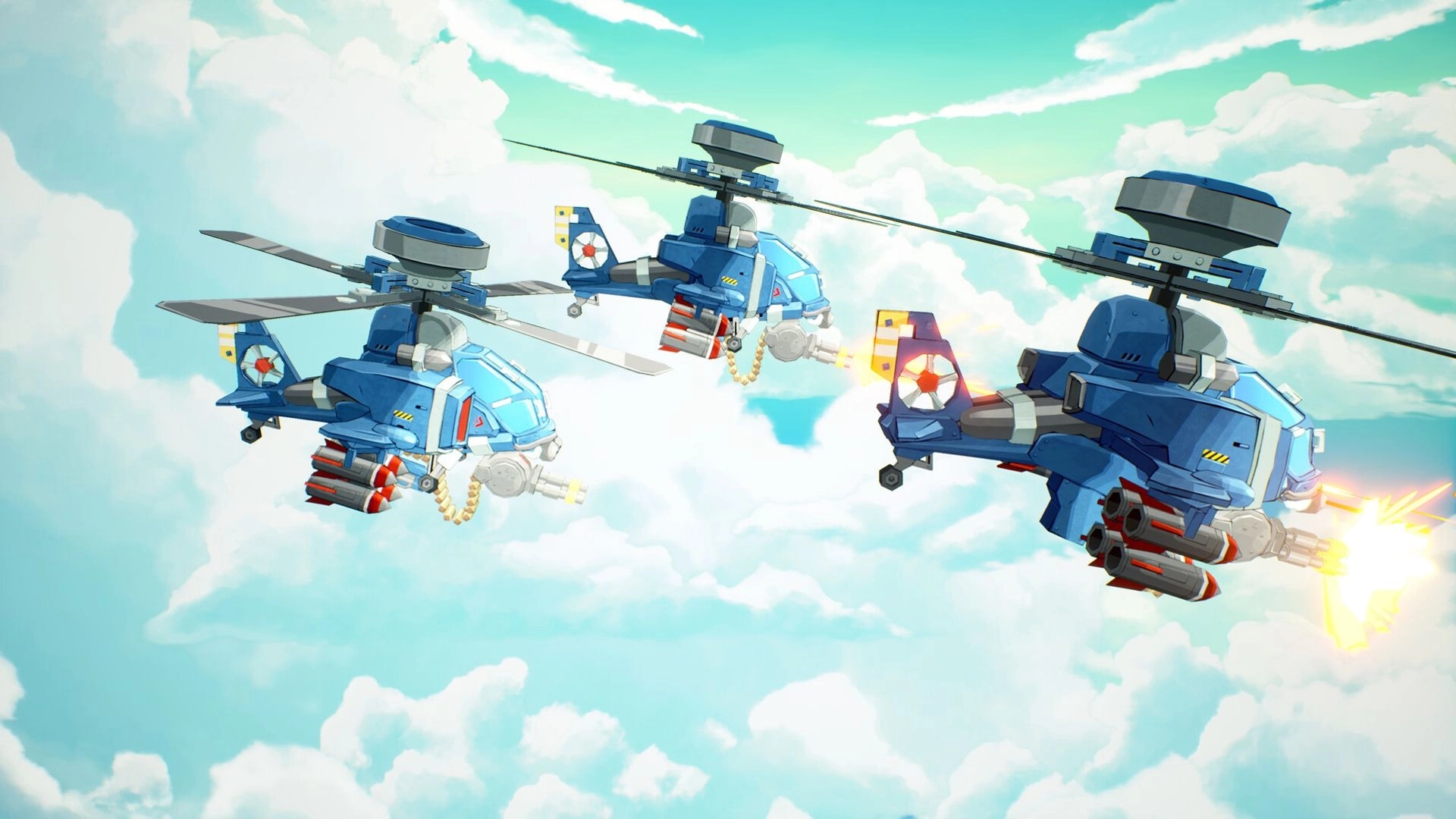 TINY METAL 2: Three blue attack helicopters firing guns and rockets while flying above clouds.