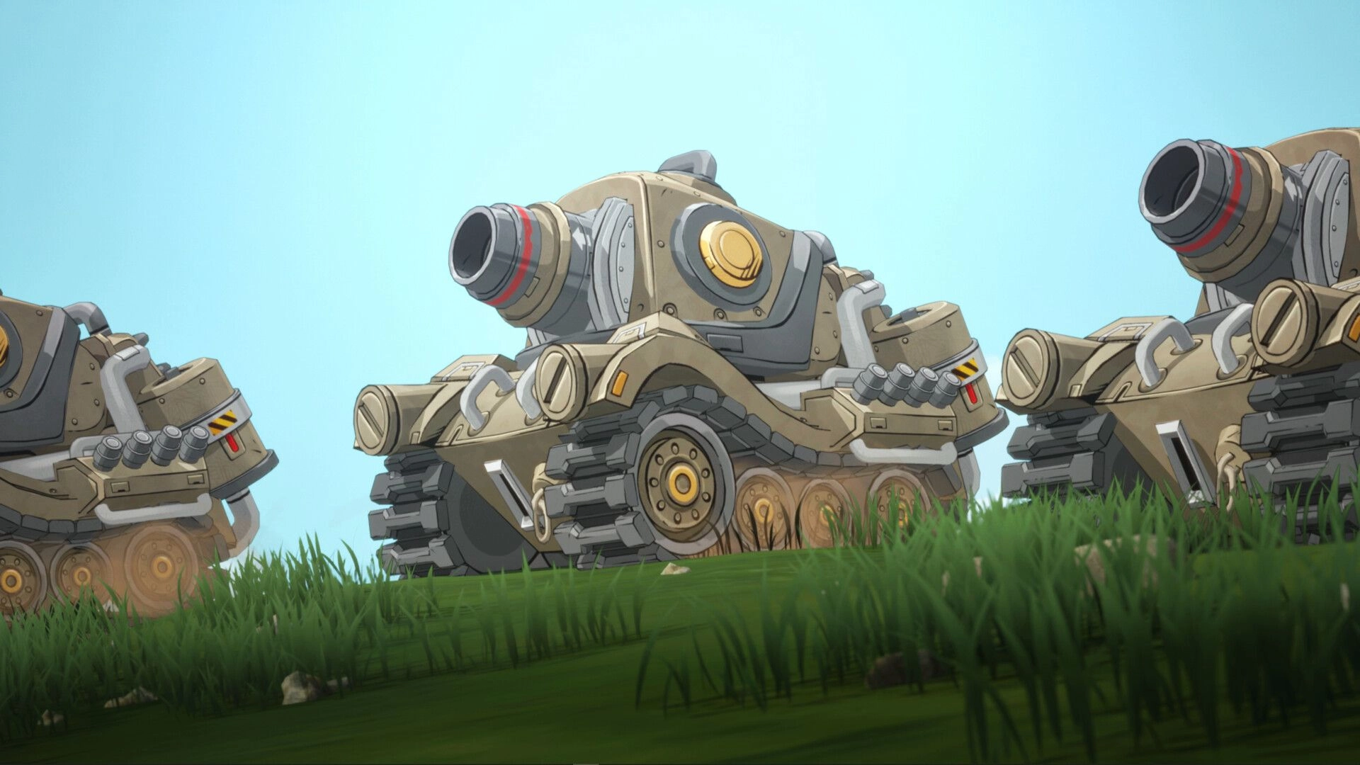 TINY METAL 2: Three heavy tanks lined up on a grassy hill under a clear blue sky backdrop.