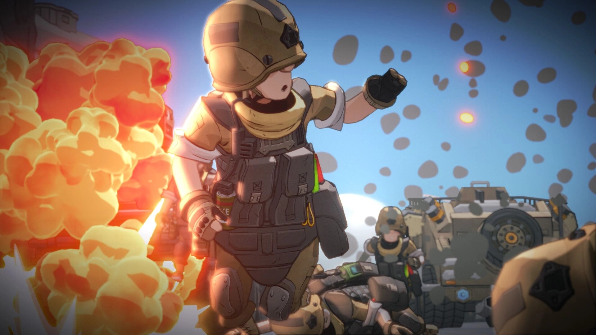 TINY METAL 2: Armored soldier braces amid fiery explosion and debris beside a military vehicle outdoors.