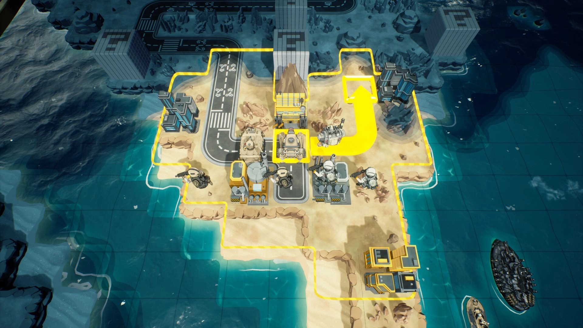 TINY METAL 2: Yellow move path highlights tank and infantry on a coastal base map with roads and ships.