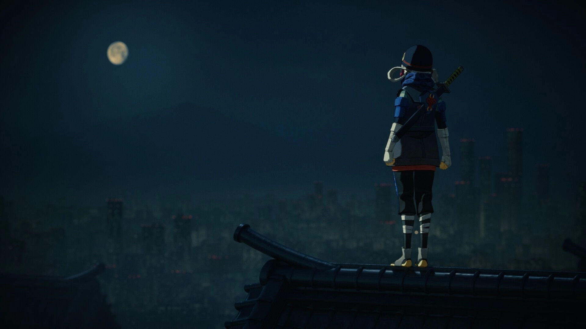 TINY METAL 2: Hooded soldier with sword on rooftop ledge overlooking foggy moonlit city skyline.