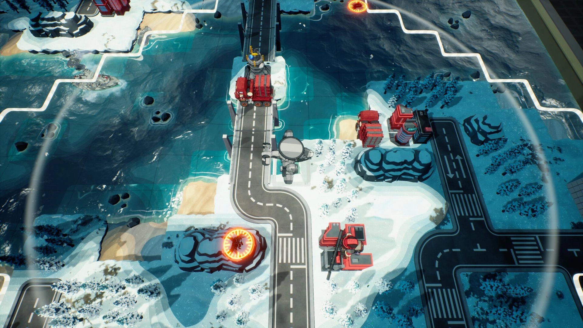 TINY METAL 2: Red units guard a bridge and base on a snowy coastline with roads and radar dish.
