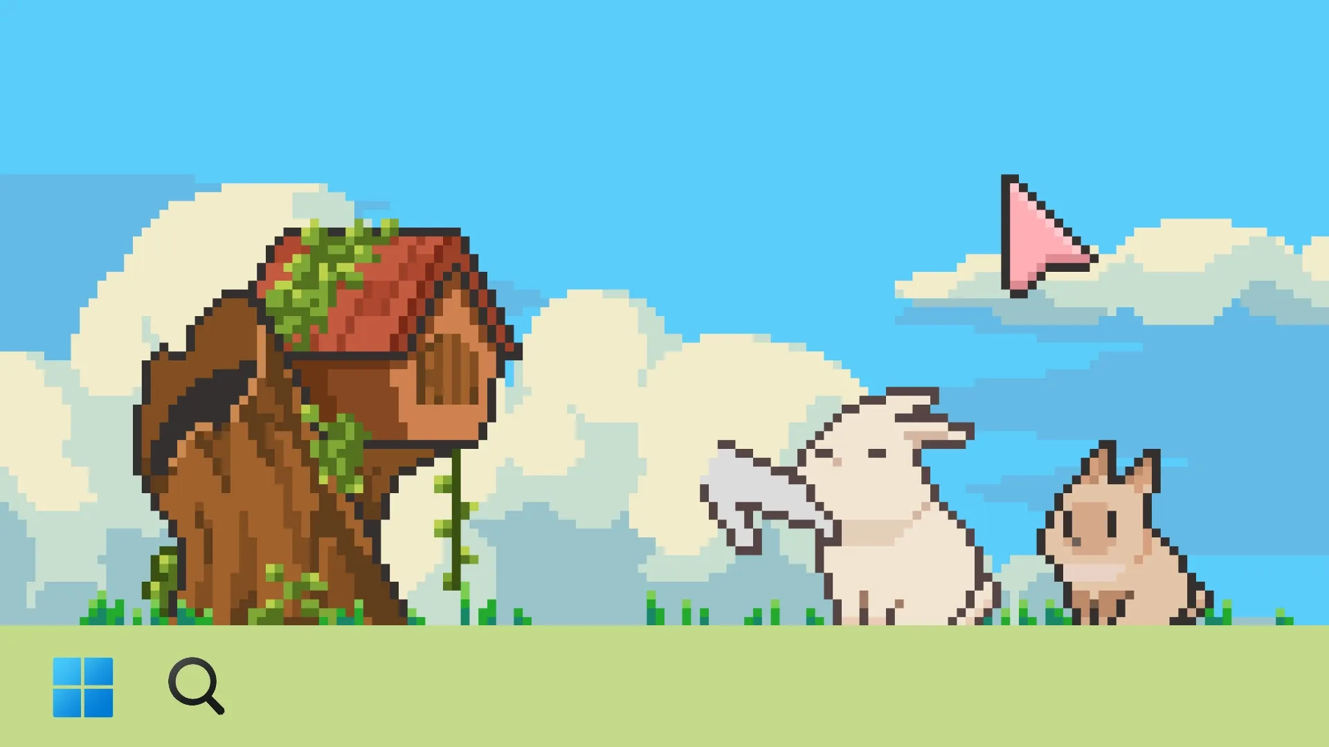 Tiny Pasture: Two bunnies nibbling grass beside a treehouse with a large pink cursor in a grassy meadow.