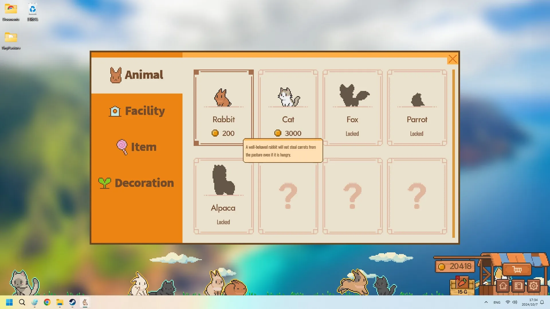 Tiny Pasture: Animal selection menu with rabbit details and coin cost in a grassy, desktop environment.