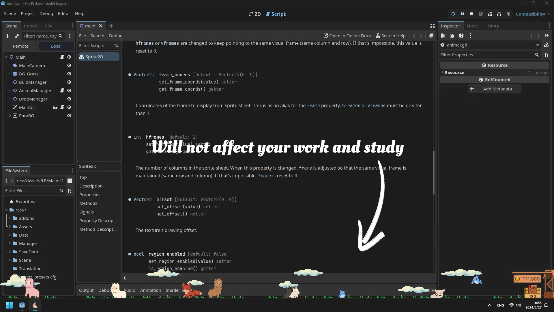 Tiny Pasture: Cute animals line the bottom of a script editor interface, enhancing workspace ambiance.
