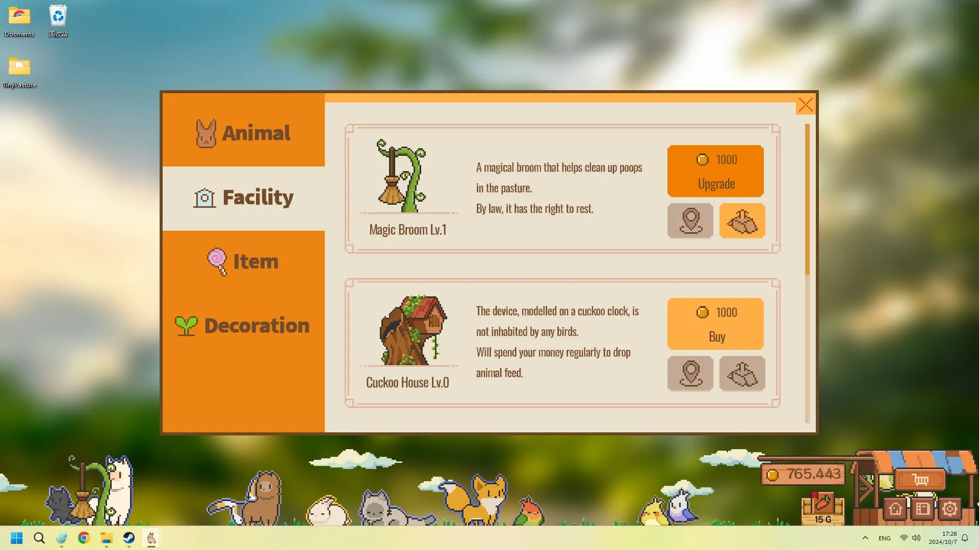 Tiny Pasture: Facility menu with Magic Broom and Cuckoo House options on serene desktop pasture scene