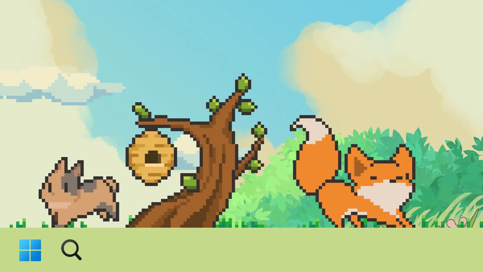 Tiny Pasture: Pixelated fox and dog frolic near tree with beehive, set against a bright, leafy backdrop.