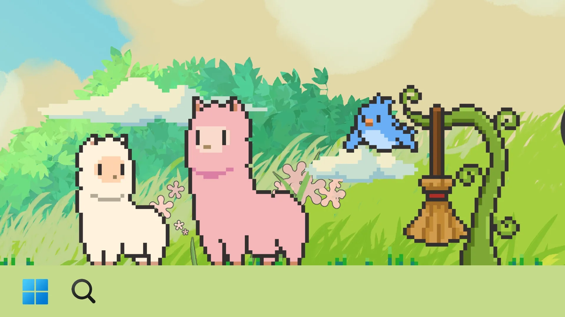 Tiny Pasture: Two pixel alpacas and a bird in a grassy meadow with a hanging broom nearby