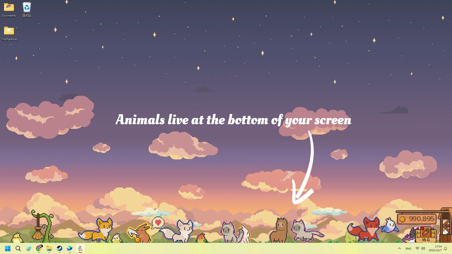 Tiny Pasture: Pixel animals frolic at screen bottom with sunset sky and cloud backdrop, UI elements visible.