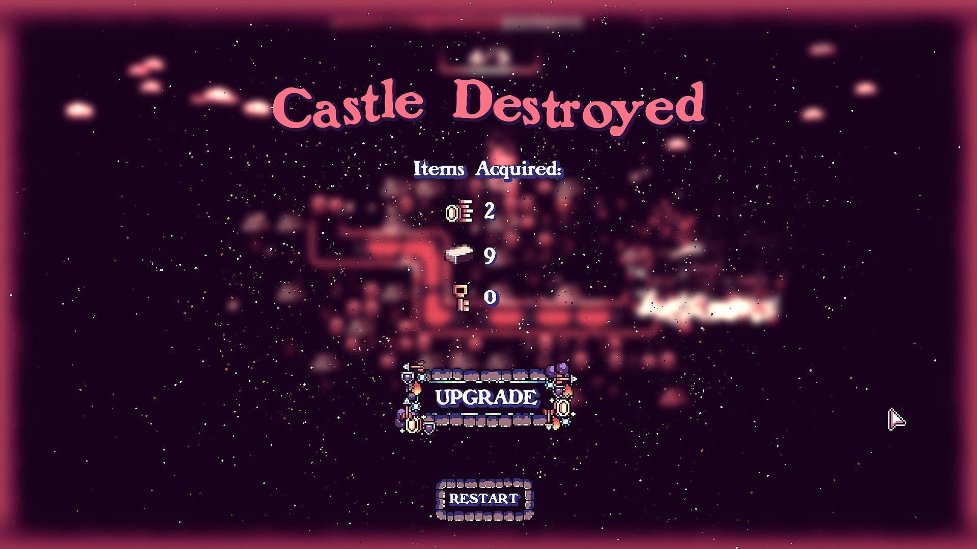Tiny Towers: Castle Destroyed defeat screen with items acquired list and Upgrade/Restart buttons over ruins.