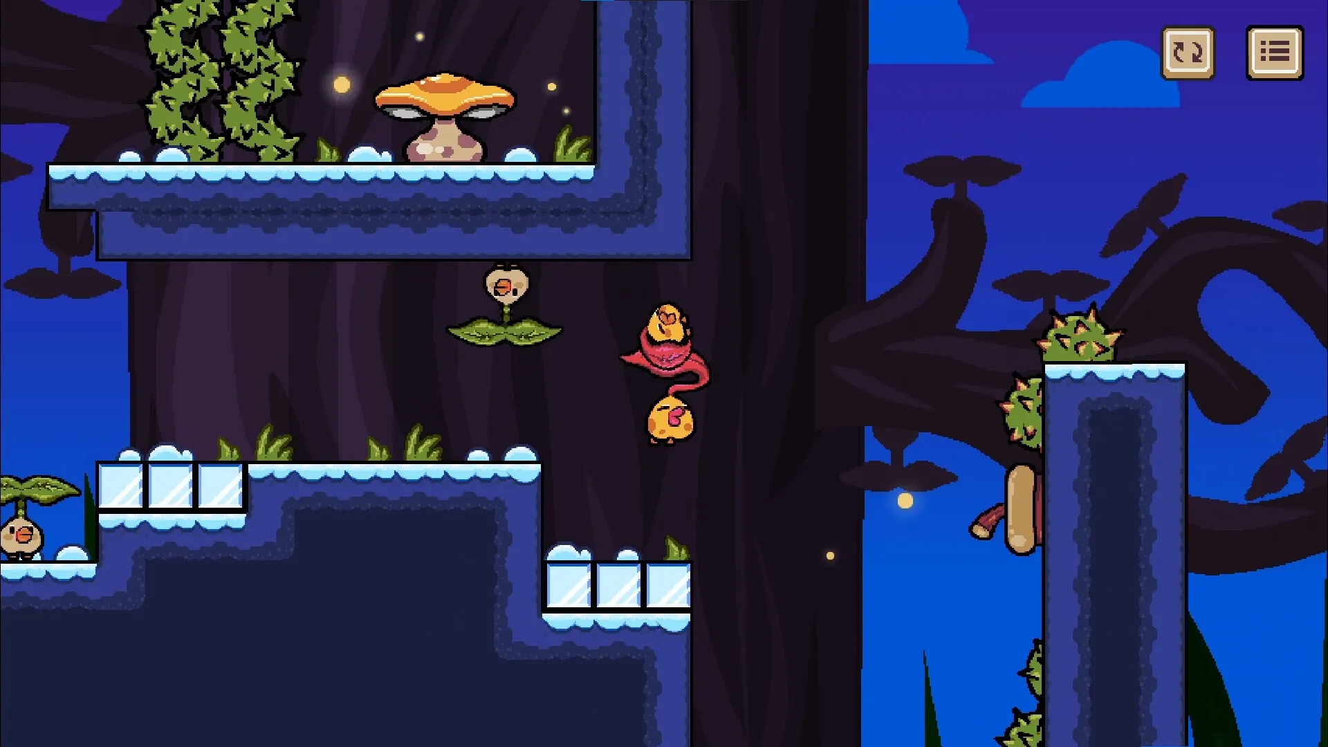 Tired to Fall: Leaf character gliding near a mushroom platform with spiky chestnuts in a tree setting
