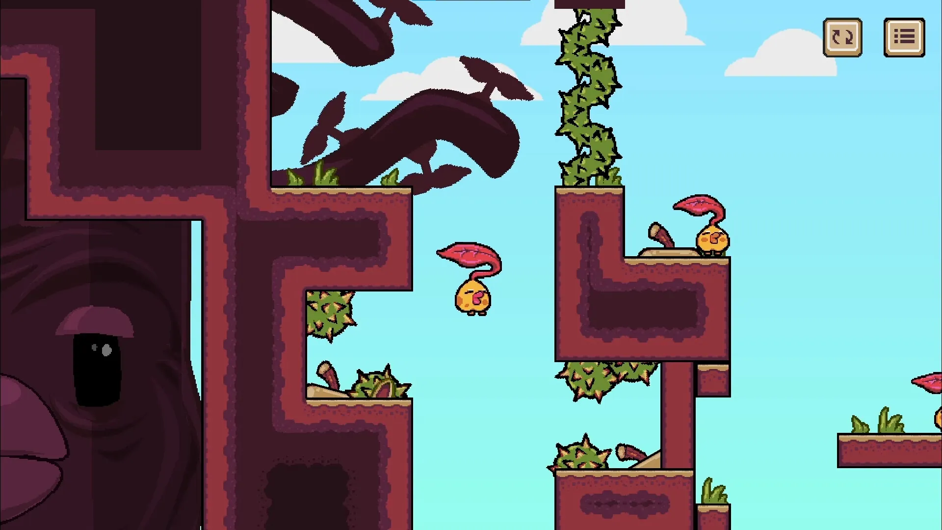 Tired to Fall: Leaf character gliding over spiky obstacles in a vibrant platformer environment