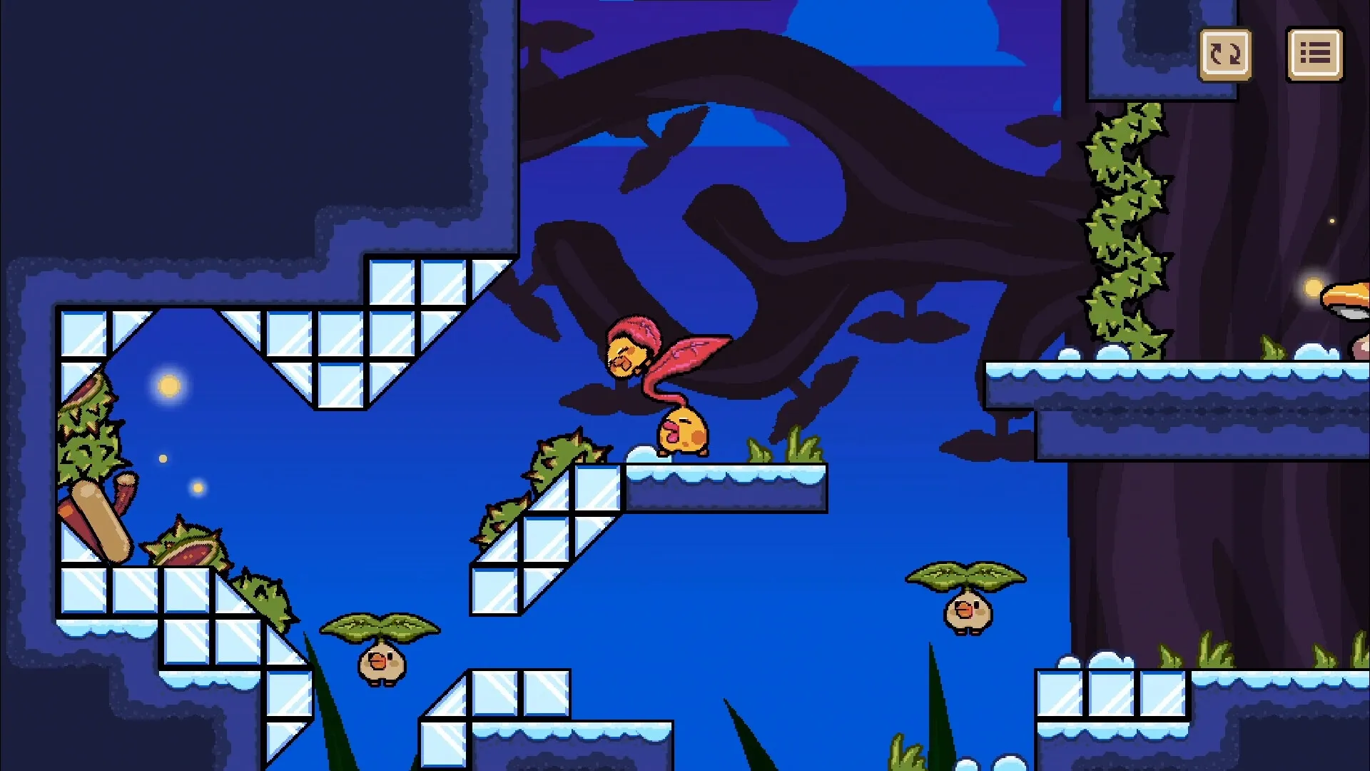 Tired to Fall: Little leaf jumps across icy platforms with spiky chestnuts and floating buddy-leaf in forest.