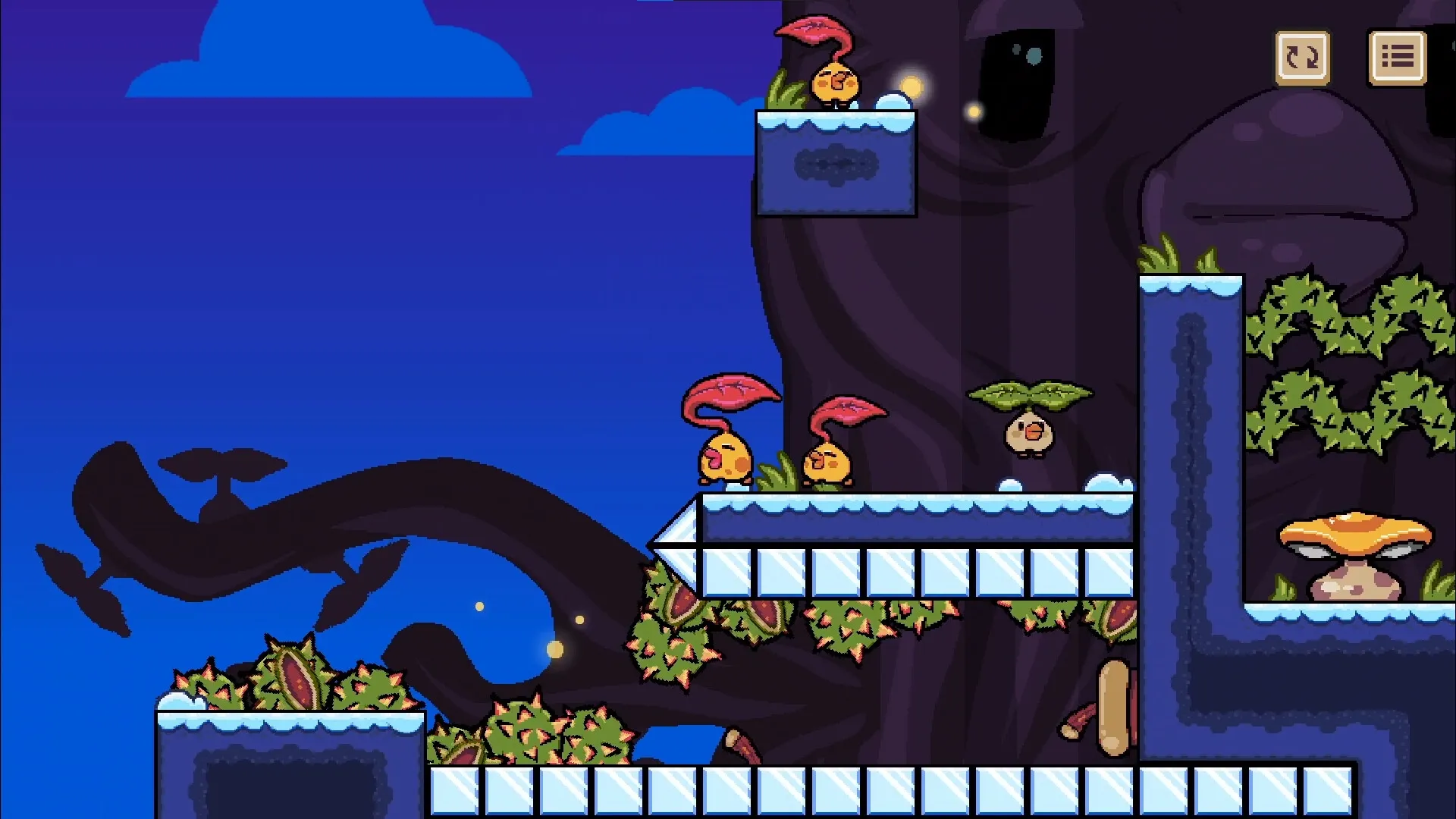 Tired to Fall: Leaf character gliding between platforms with buddy-leaves and obstacles in forest setting