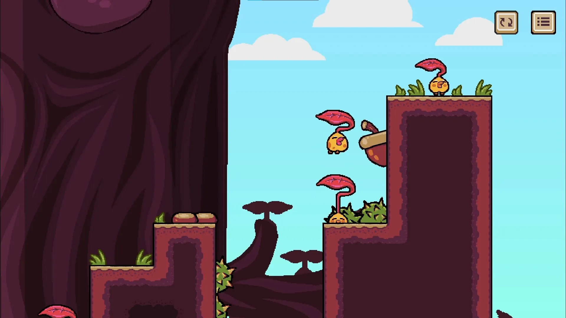 Tired to Fall: Little leaf character jumps between platforms in a vibrant forest with acorns and leaves