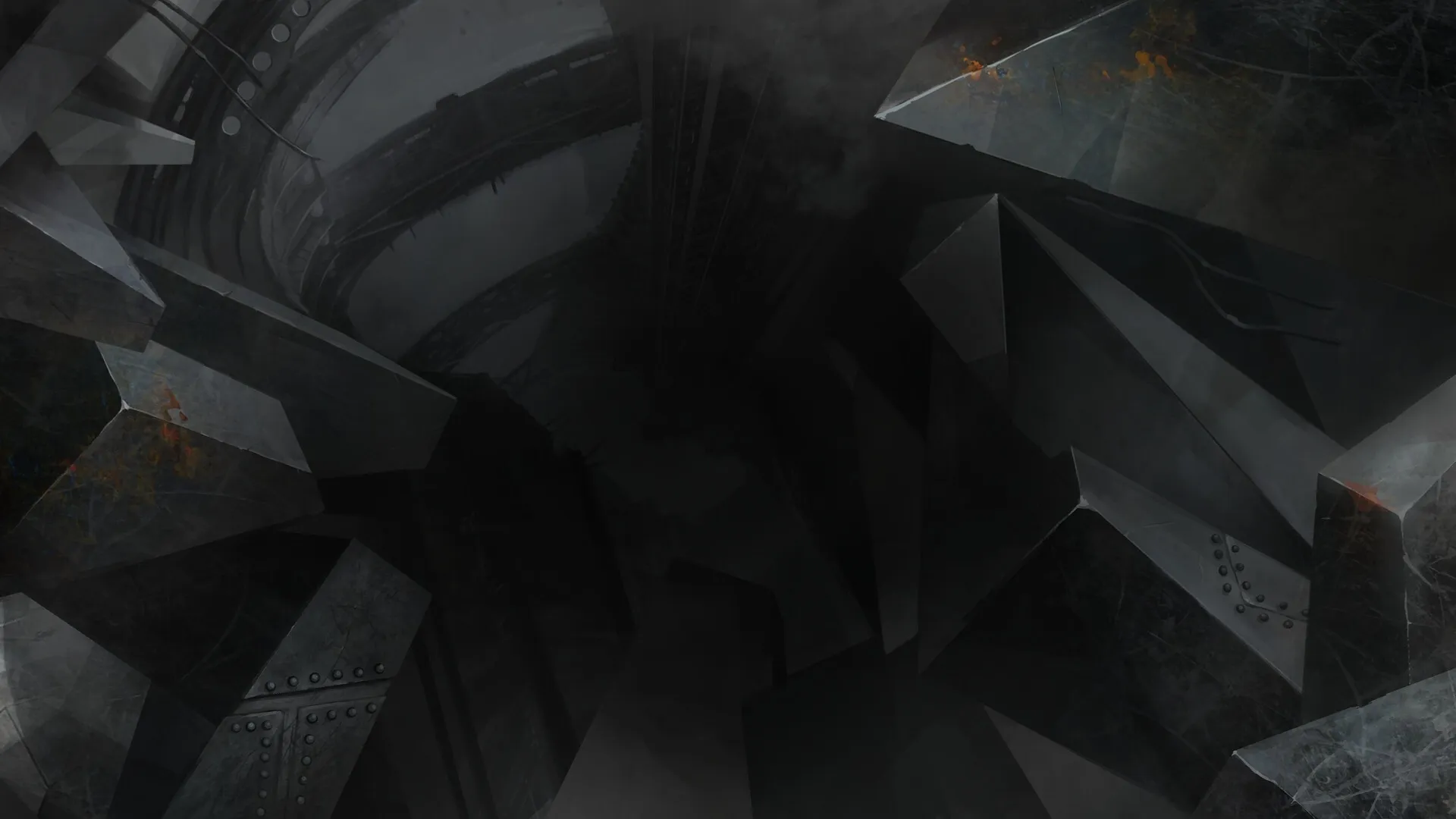 To Get There: Dark industrial environment with abstract metallic structures and dim lighting effects.
