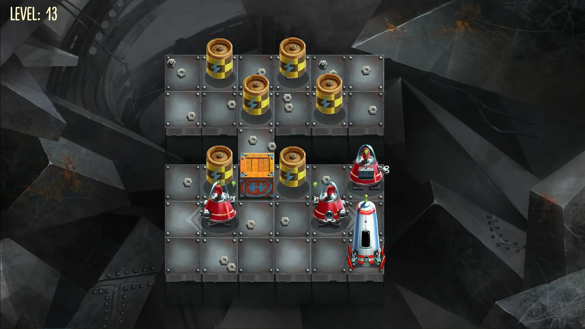 To Get There: Four robots navigate grid to collect energy sources and avoid traps in industrial setting.
