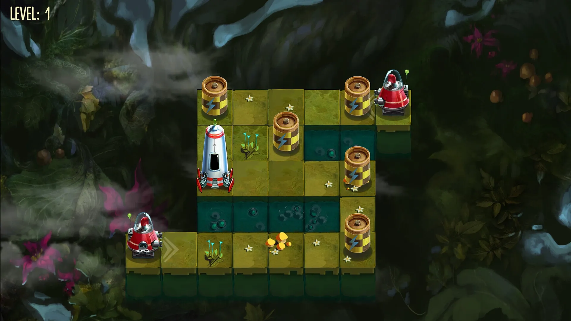 To Get There: Robots navigating grid, collecting energy sources, avoiding traps in a forest environment