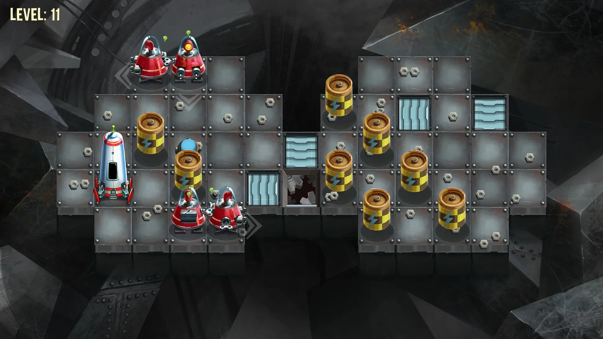 To Get There: Robots navigate grid collecting energy, avoiding traps in industrial level 11 setting.