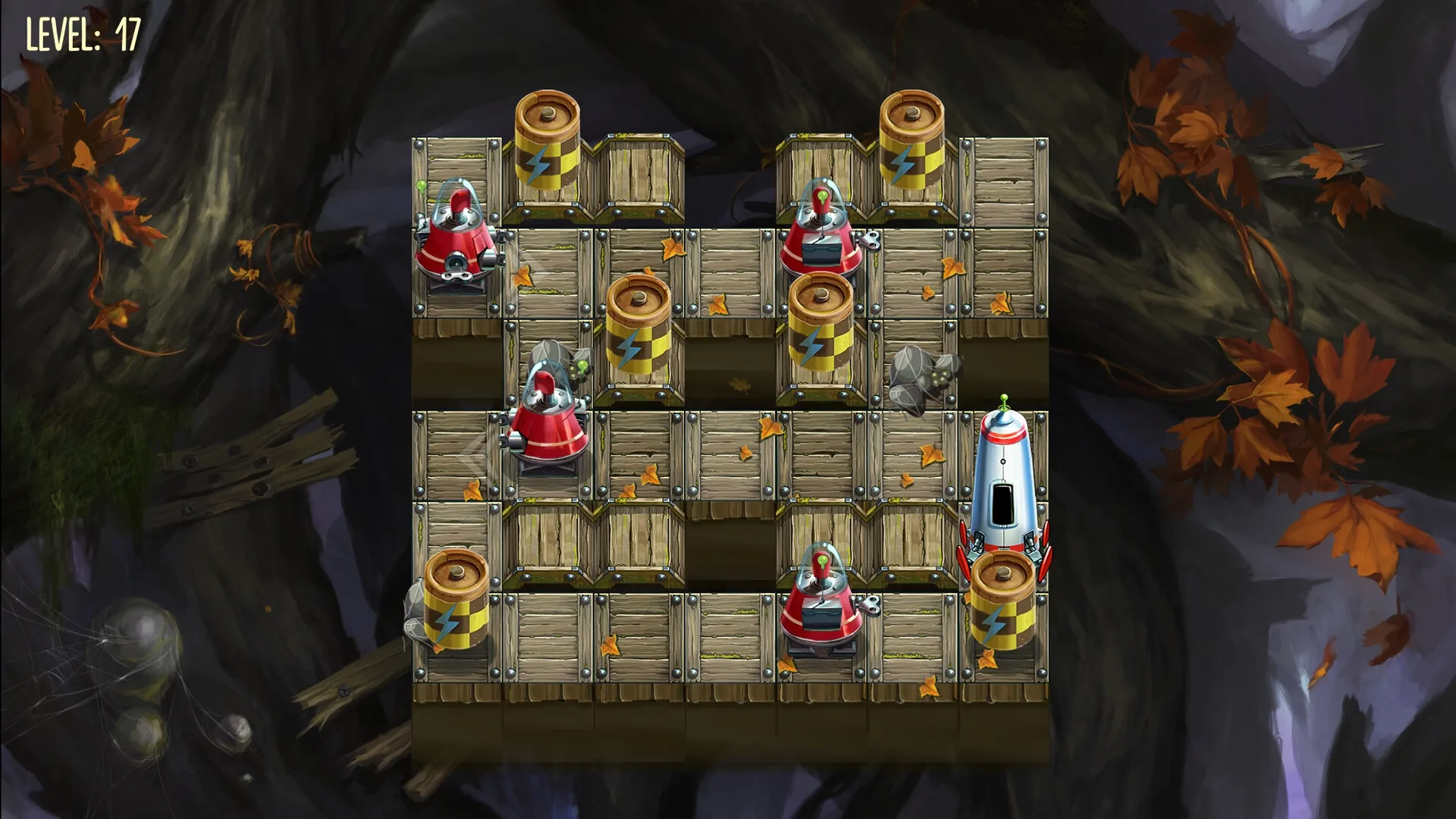 To Get There: Robots navigate wooden platforms with energy barrels and obstacles in a forest setting.