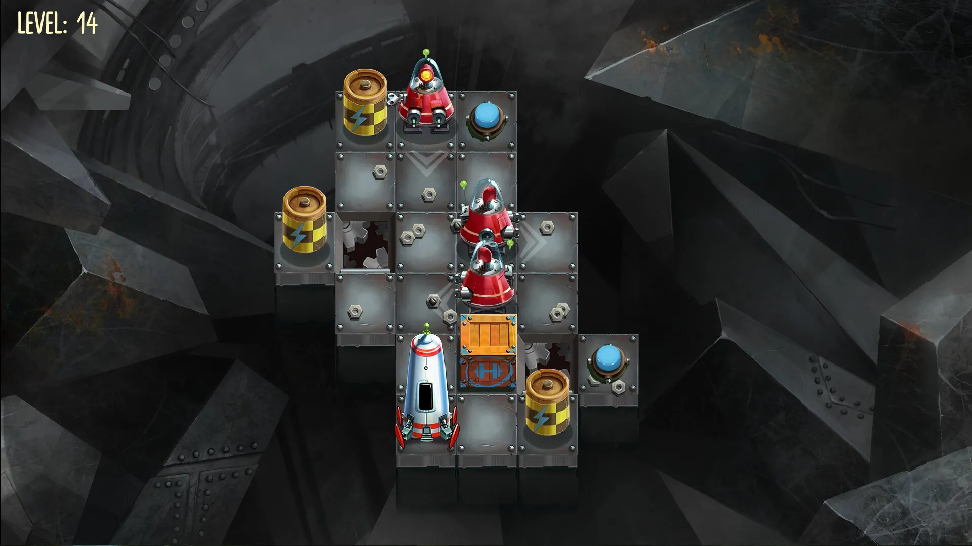 To Get There: Robots navigate a grid, collecting energy while avoiding traps in a mechanical environment.