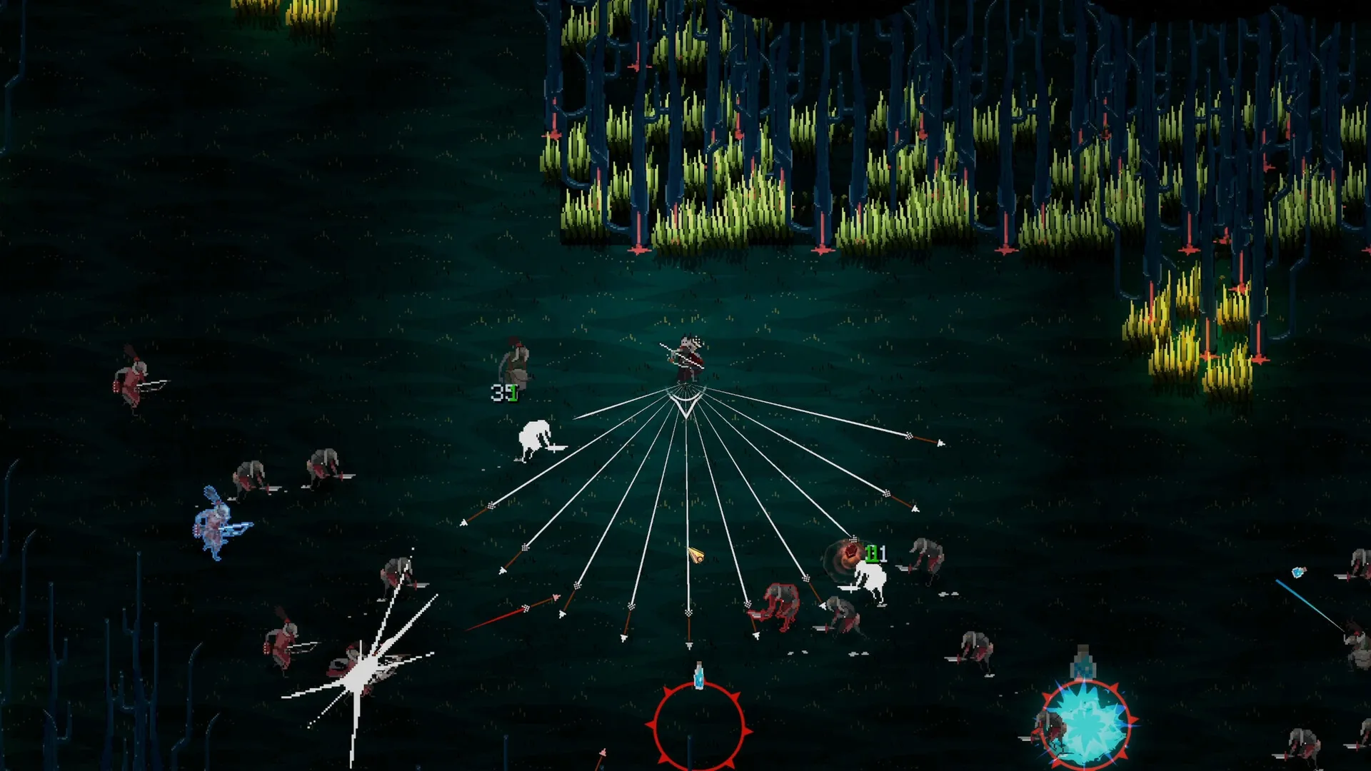 To Kill a God: Player character unleashes arrow barrage against enemies in a dark forest setting.