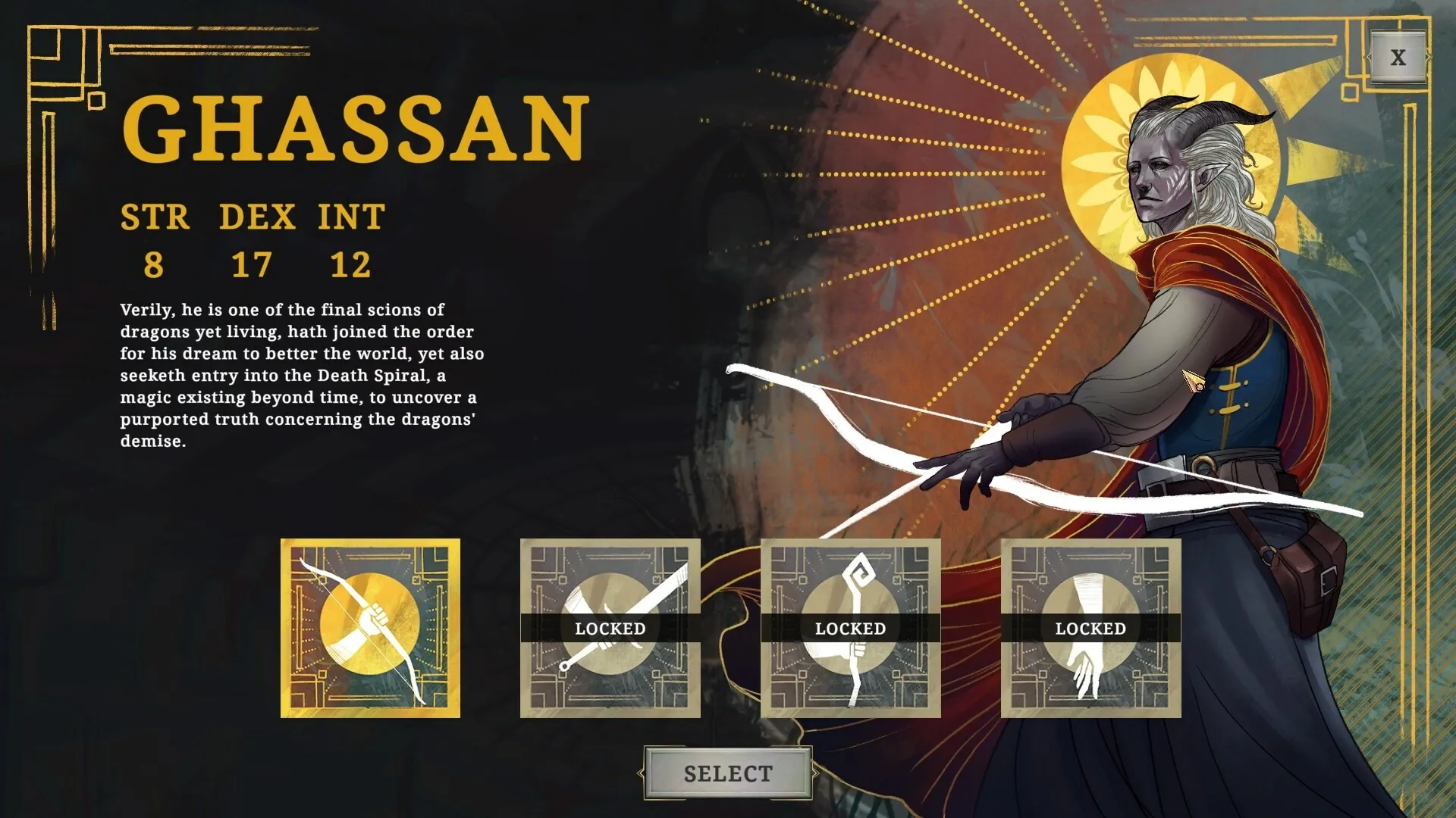 To Kill a God: Character selection screen featuring Ghassan with stats and skill options in the interface.