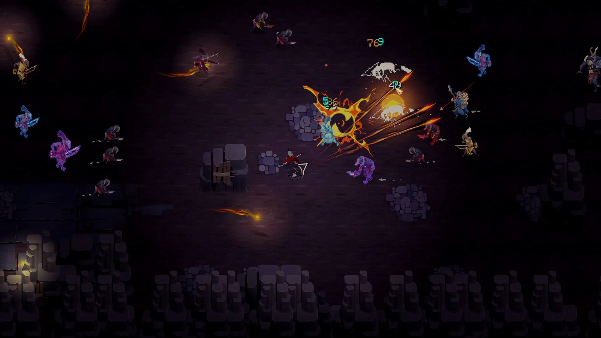To Kill a God: Intense combat with multiple enemies in a dark dungeon setting, showcasing skill effects.