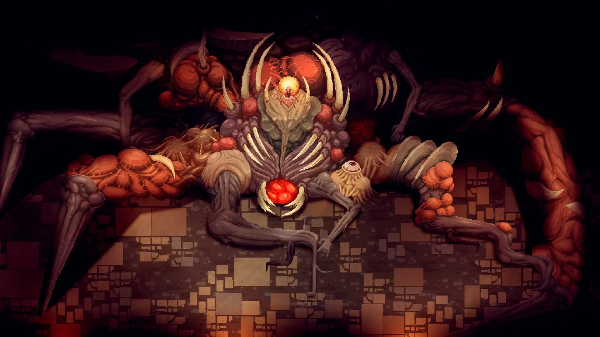 To Kill a God: Massive grotesque creature with multiple limbs in a dimly lit dungeon setting