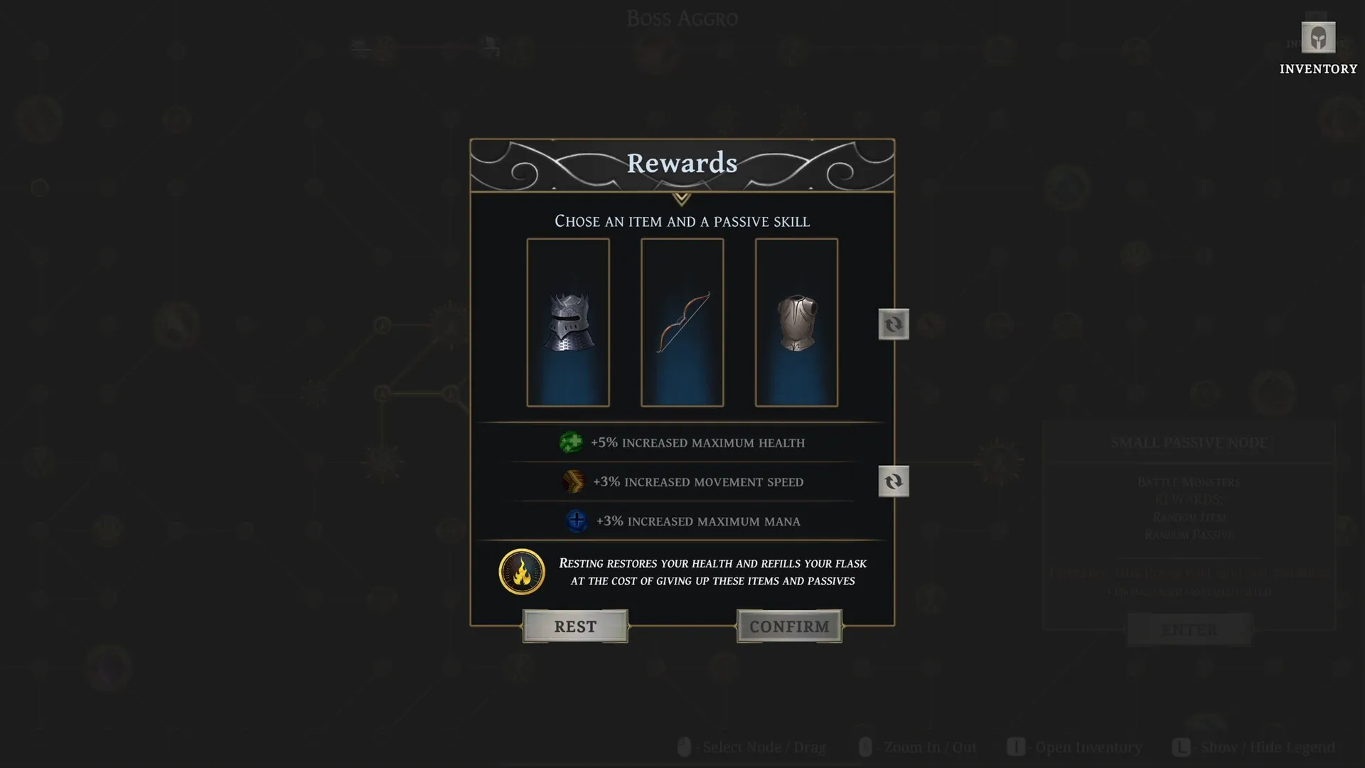 To Kill a God: Reward selection screen displaying armor, bow, and shield options with skill bonuses.