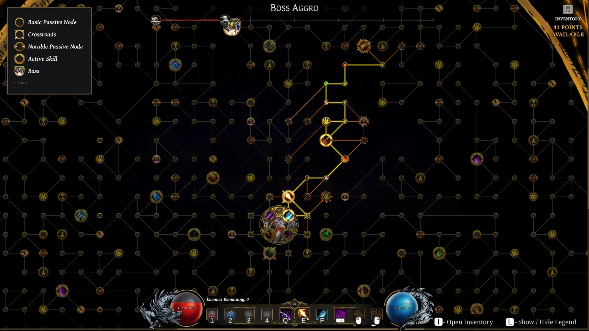To Kill a God: Skill tree interface with nodes and paths, inventory and points available on the right.