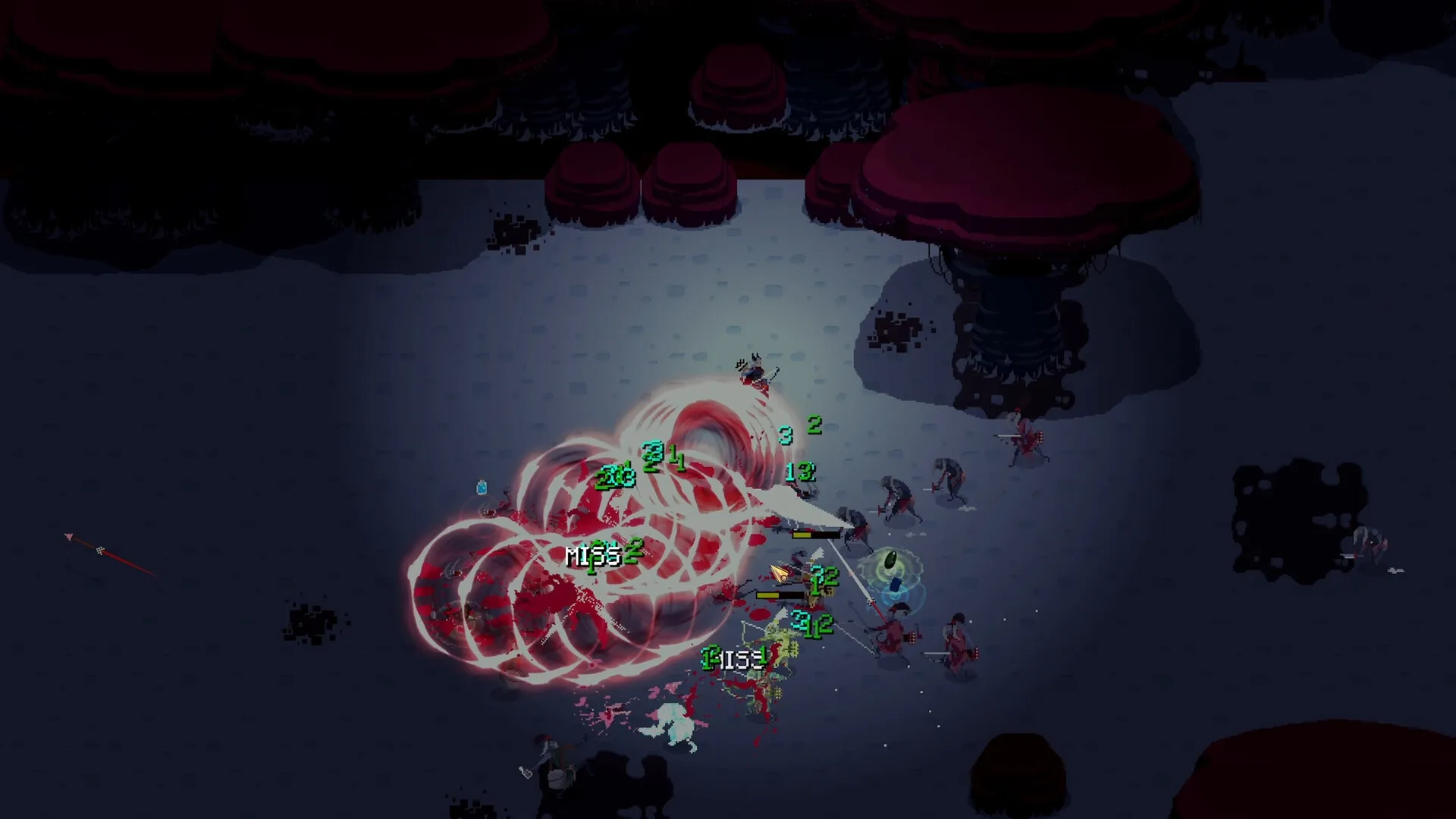 To Kill a God: Player unleashes powerful attack on enemies in a dark cavern with giant mushrooms