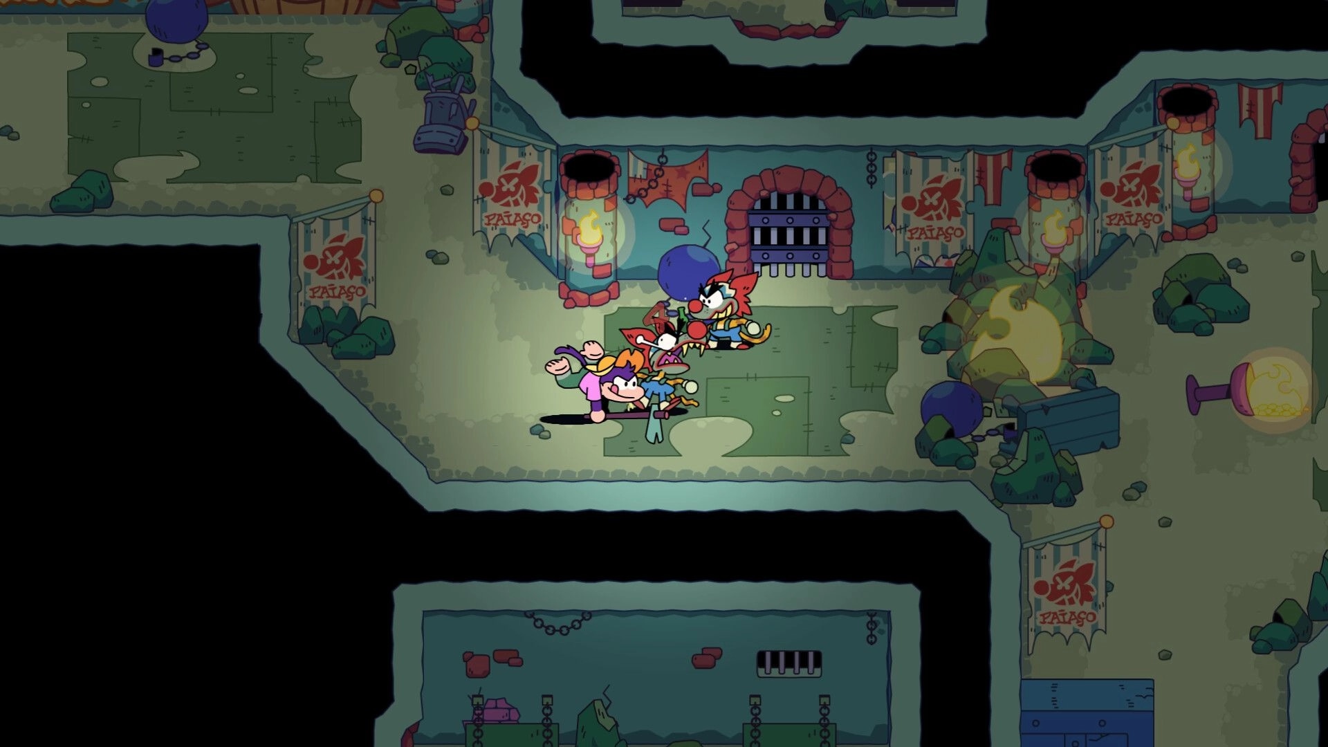 Toada Brava: Party of four faces a clown enemy by a barred gate in torchlit dungeon corridor.